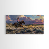 Cowgirl Galloping Across Desert Landscape, Vibrant Framed Canvas Print, Perfect for Living Room Art, Western Bedroom Decor, Desert Wall Art