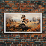 Girl Violinist, Fall Wall Decor, Pumpkin Decor, Canvas Print, Wall Hanging, Panoramic Art, Country Home Decor, Violin Wall Art, Gift For Her