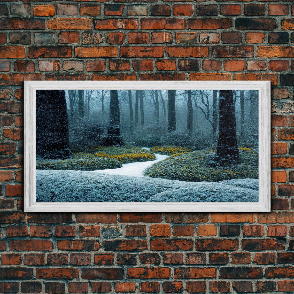 Cabin art, snow covered winter forest, winter vacation home art, framed canvas print, ready to hang framed wall art