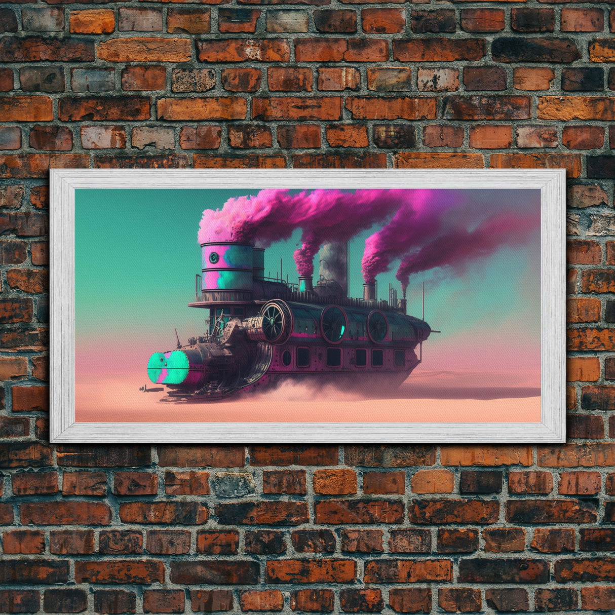 Futuristic Steampunk / Cyberpunk Mashup Art, Steampunk Riverboat In A Desert, Framed Canvas Print, Scifi Wildwest Decor