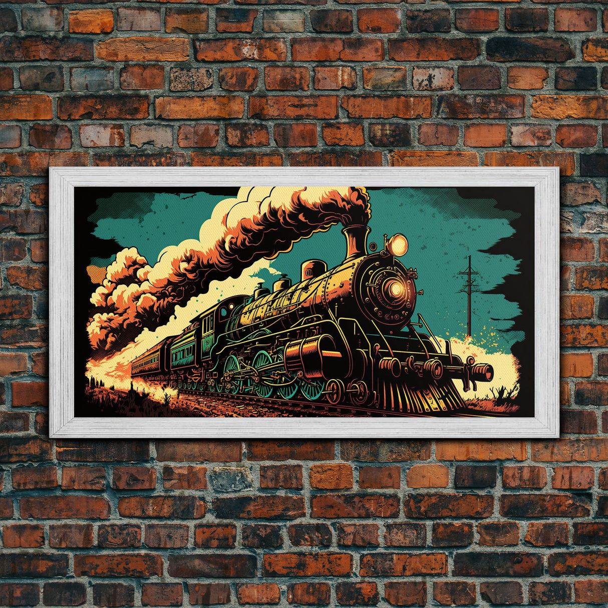 Pop Art Steam Train, Framed Canvas Print, Cool Wild West Decor, Western Art, Framed Colorful Pop Art
