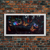 Glowing butterflies, fantasy forest wall art, framed canvas print, mother's day, mom gift, monarch butterflies