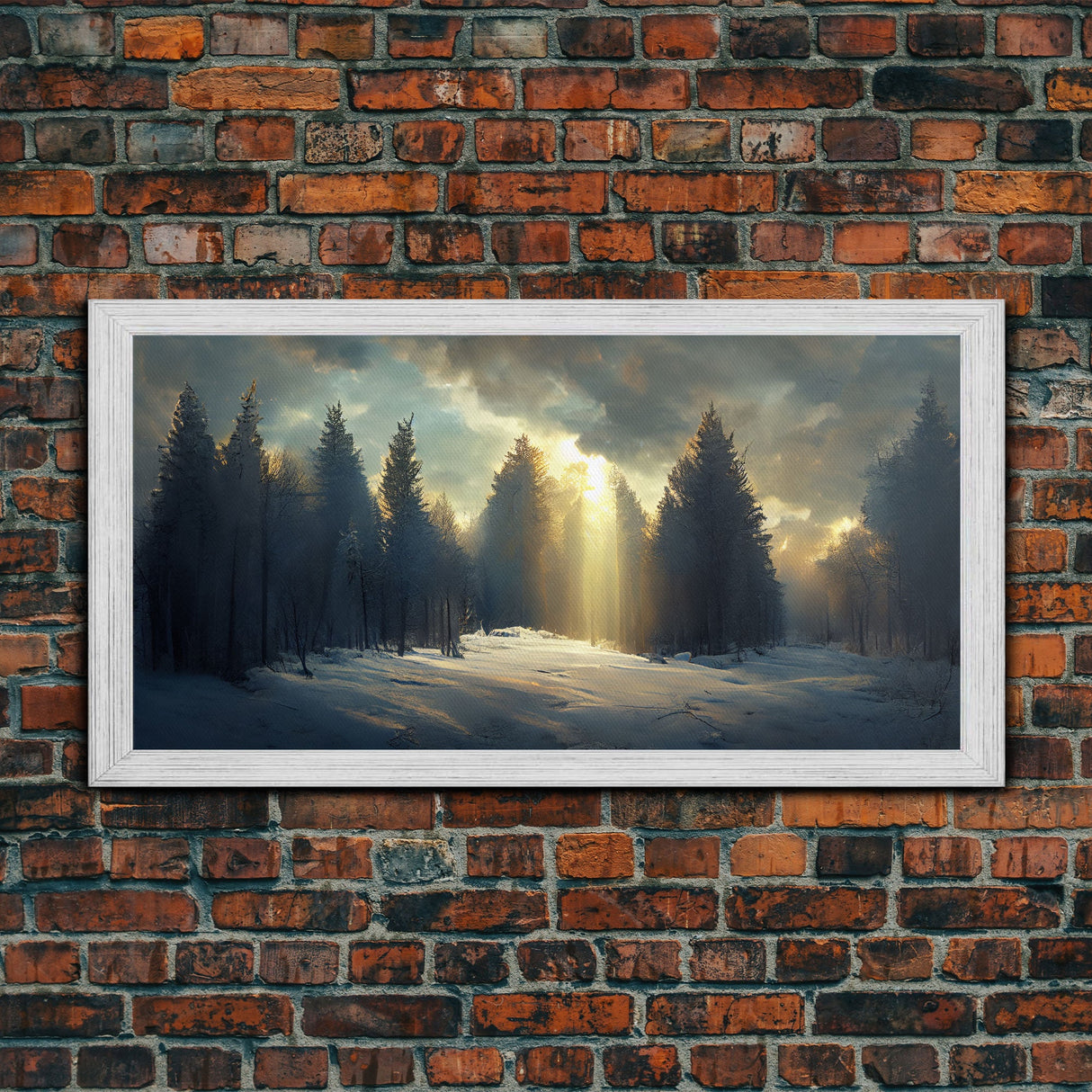 Snowy Forest Canvas Print, Scenic nature landscape, winter art, sunlight shining through the trees, Framed Wall Art