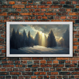 Snowy Forest Canvas Print, Scenic nature landscape, winter art, sunlight shining through the trees, Framed Wall Art