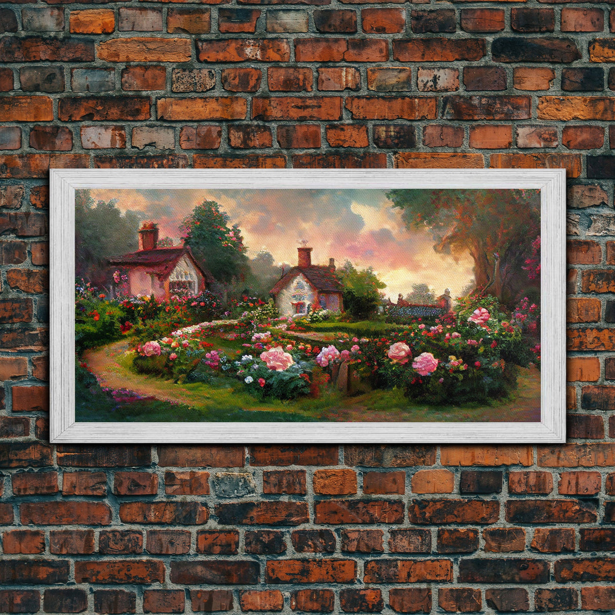 English cottage with rose garden, canvas print, cute English countryside wall art