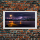 Full moon canvas print, Lightning storm over a mountain lake at night, cool wall art, awesome wall art