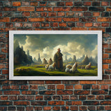 Shepherd and his flock, sheep painting, farmhouse art, watercolor canvas print, Giclee print
