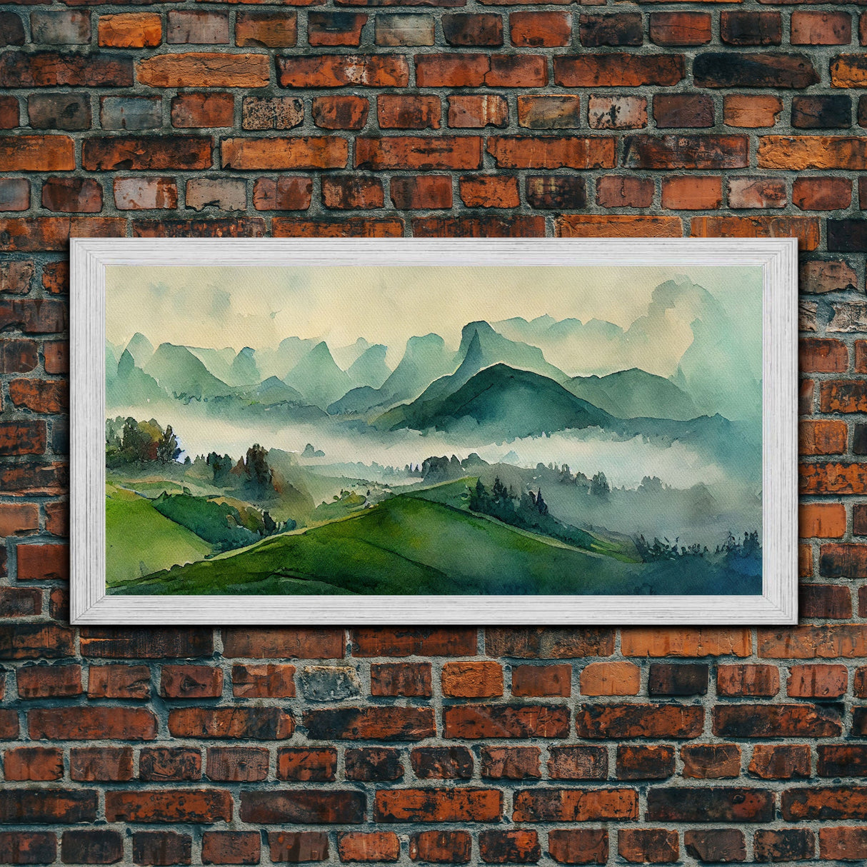 Green Blue Foggy Mountain Valley Watercolor Canvas Art Print, Panoramic Misty Rolling Hills Landscape, Extra Large Panorama Print