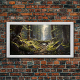 SlightlyScorched Framed Canvas Print Emerald Green Fantasy Forest, Mountain Forest Lake Landscape Minimalist Modern Art Nature Wall Decor