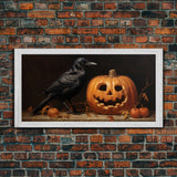 Spooky Crow Print, The Raven and The Jack O Lantern, Halloween Wall Art, Victorian Oil Painting