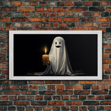 Silly Ghost Holding A Candle, Framed Canvas Print, Dark Academia Wall Art, Victorian Oil Painting Style Halloween Wall Art, Ghost Print