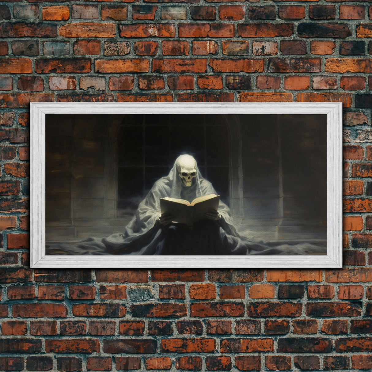 Grim Reaper Reading A Book In A Haunted Library, Framed Canvas Print, Victorian Oil Painting Style, Spooky Halloween Decor, Goth Art