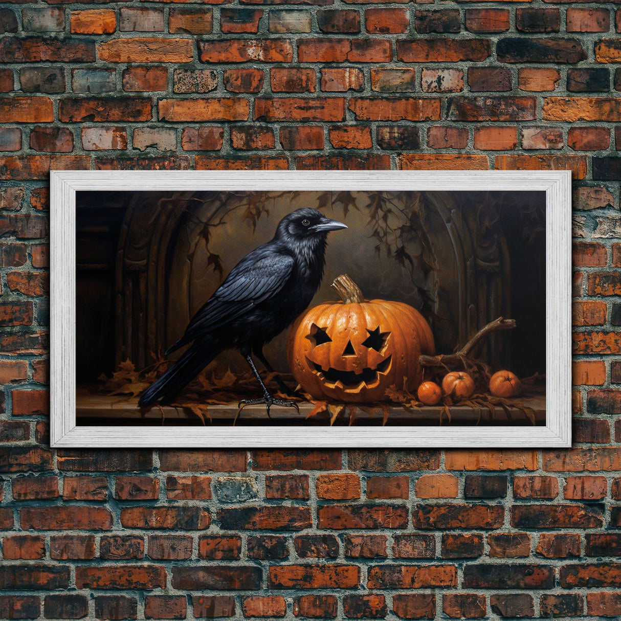 Spooky Crow Print, The Raven and The Jack O Lantern, Halloween Wall Art, Victorian Oil Painting, Dark Academia, Goth Art