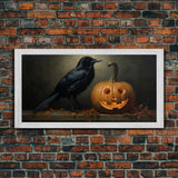 Halloween Decor, Spooky Crow Print, The Raven and The Jack O Lantern, Halloween Wall Art, Victorian Oil Painting, Dark Academia, Goth Art