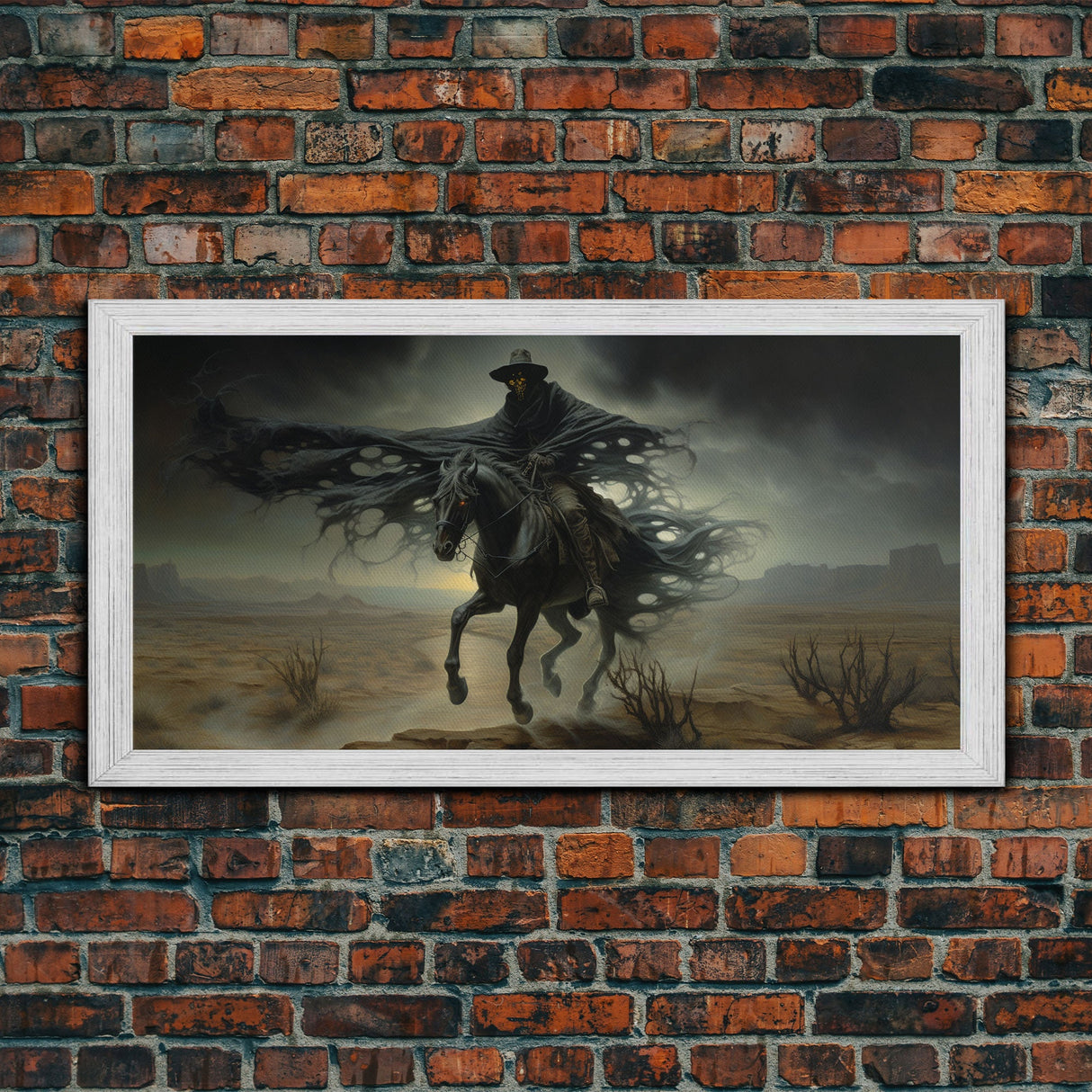 Ghost Cowboy Art, Framed Canvas Print, Halloween art, spooky decor, cowboy art, western decor, grim reaper on a horse in the desert
