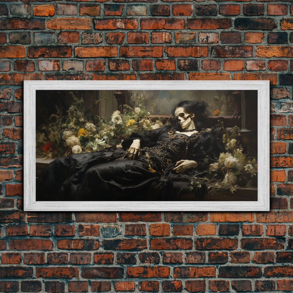 I'll Just Take A Quick Nap, Framed Canvas Print, Creepy Victorian Oil Painting, Halloween Art Prints, Skeleton Painting