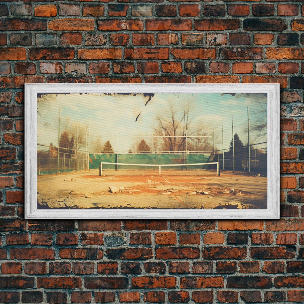 An Abandoned Tennis Court - Old Found Footage Photography - Framed Canvas Print - Urban Decay - Vaporwave Wall Art