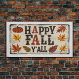 Happy Fall Y'all Typography Art, Modern Farmhouse Wall Decor, Dining Room Wall Sign Kitchen Decor Large Framed Canvas Print, Fall Wall Art