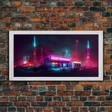 Neon Cyberpunk Diner, Retrofuturism, Framed Ready To Hang Canvas Print, beautiful wall art, guest room decor