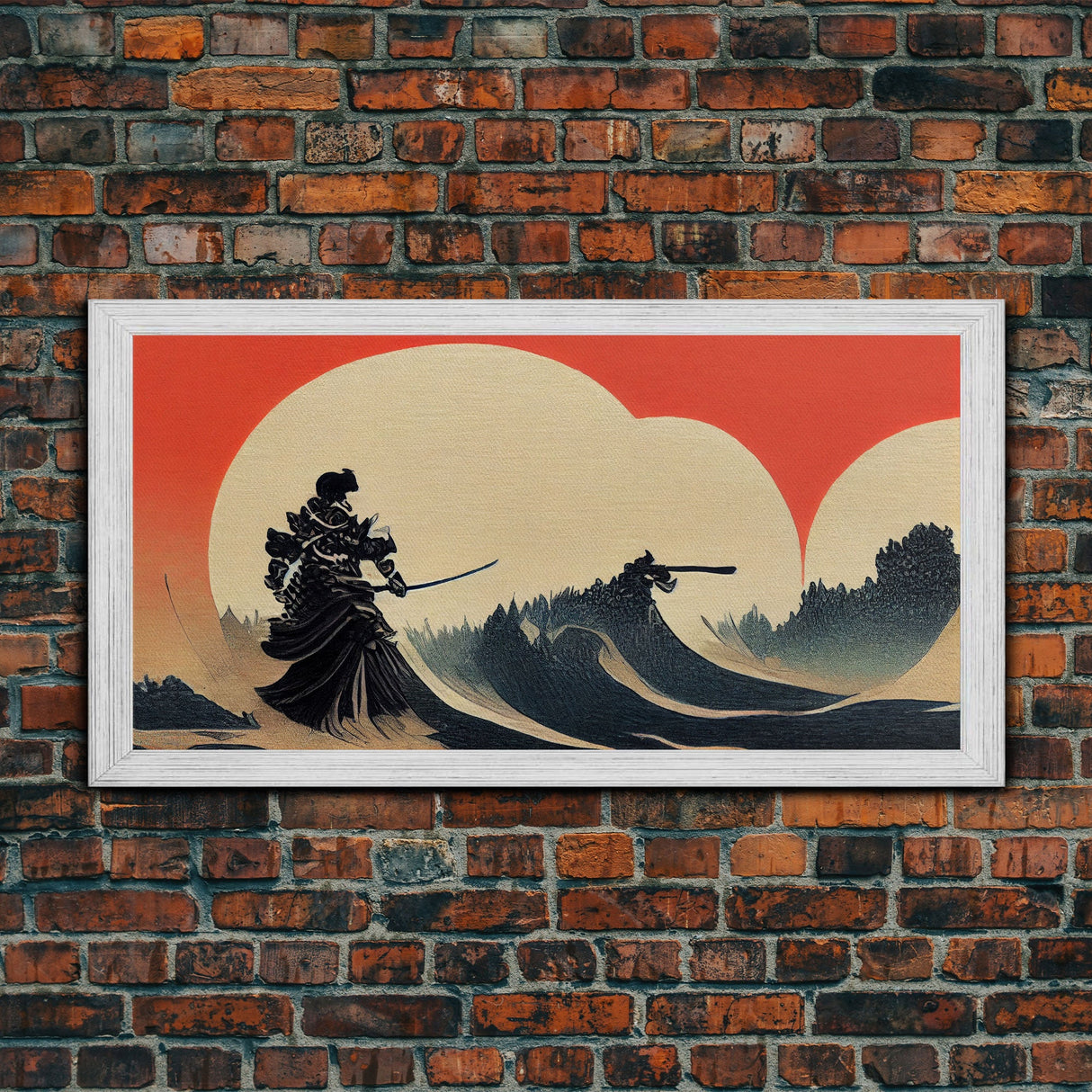 Japanese Samurai Fighting A Tidal Wave, ready to hang canvas print wall art, framed canvas wall art, mancave decor