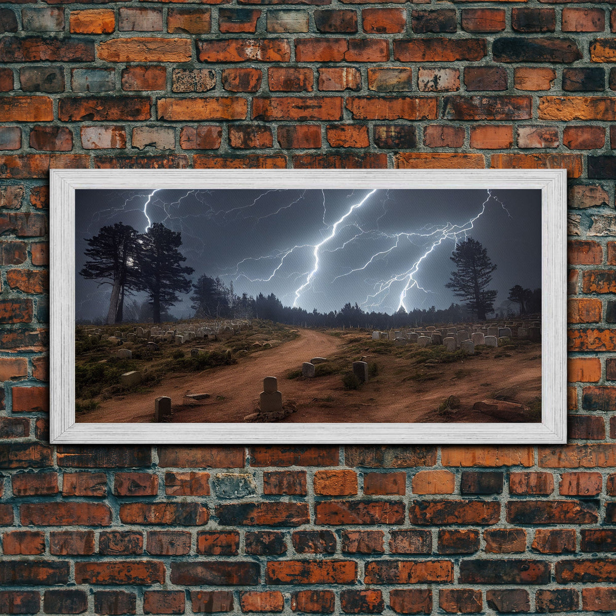 Gloomy Haunted Graveyard At Night, Lightning Storm, Halloween Cemetery Art, ready to hang canvas print wall art