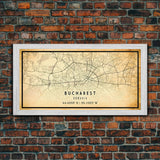 Vintage Style Bucharest City Map Wall Art Canvas Print, Distressed Bucharest Map, Framed Wall Art, Cool RomaniaTravel Wall Art, Office Art