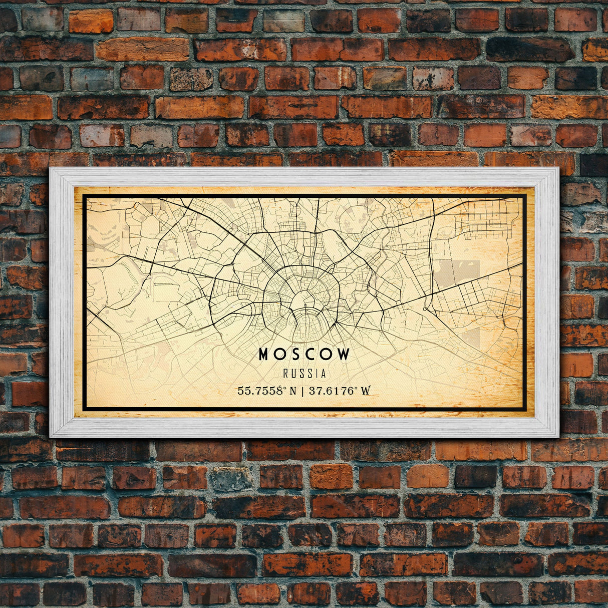 Vintage Style Moscow City Map Wall Art Canvas Print, Distressed Moscow Russia Map, Framed Wall Art, Cool Moscow Travel Wall Art, Office Art