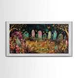 Colorful Haunted Grave Yard In The Spring Time, Framed Canvas Print, Spooky Wall Art, Halloween Spooky Season Decor