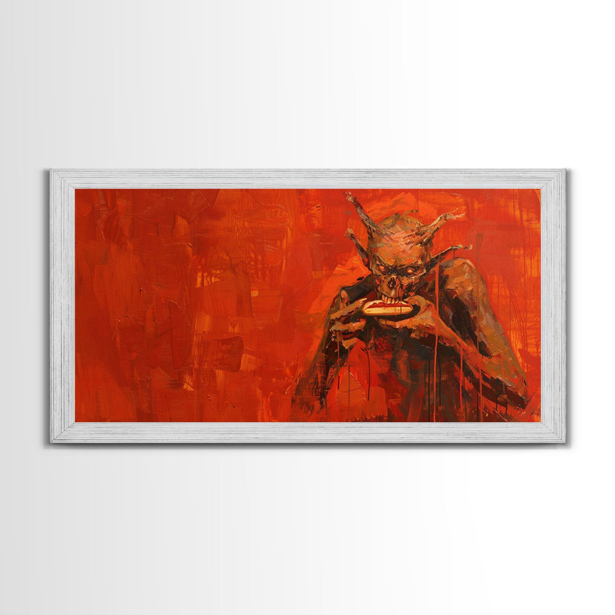 Scary Demon Having a Hot Dog, must be a baseball fan. Funny Halloween Wall Art Framed Canvas Print