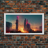 Cyberpunk city canvas, video game concept art, living room wall art, dystopian art, outrun style city at sunset, man cave art canvas print