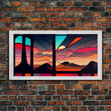 Pueblo style art deco sunset canvas print, outrun, colorful art, desert art, living room wall art, stained glass look, Arizona style art