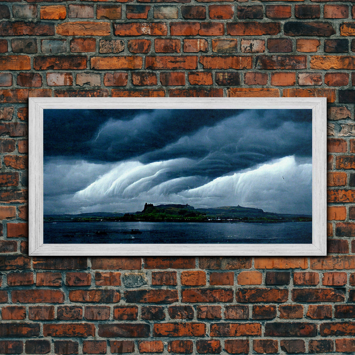 Rainstorm wall art, canvas print, ready to hang, fast moving storm over an island castle, cool wall art