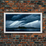 Rainstorm wall art, canvas print, ready to hang, fast moving storm over an island castle, cool wall art
