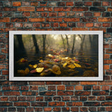 Fall leaves floating down the river, autumn, landscape and nature canvas print, oil painting style, neutral wall art