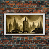 Dystopian Metropolis Art Deco Canvas Print, City Skyline, Fantasy Art, Art Deco Living Room Art, ready to hang wall art