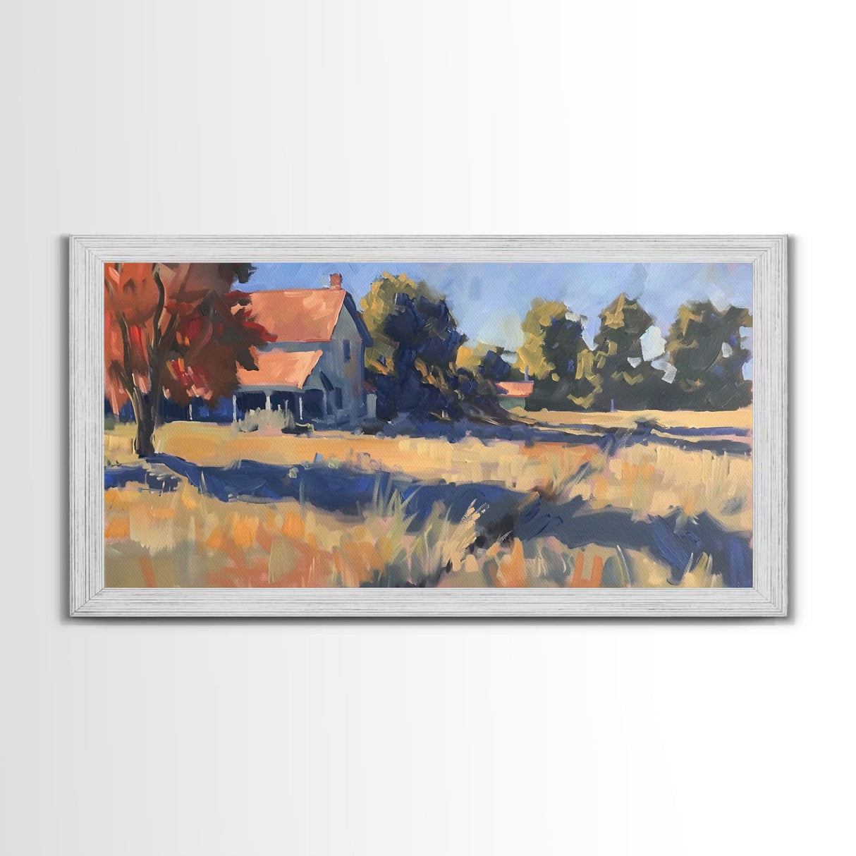 Tranquil Farmhouse with Red Roof, Framed Canvas Print, Great for Living Room Art, Pastoral Home Decor, Peaceful Bedroom Wall Art