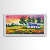 Vibrant Farmhouse Scene with Trees and Flowers, Perfect Living Room Art, Framed Canvas Print, Rustic Home Decoration, Minimalist Decor