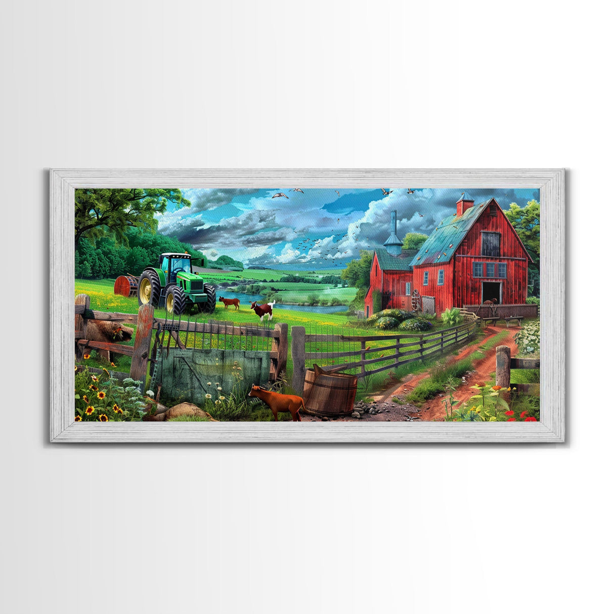 Green Tractor and Red Barn with Farm Animals, Vibrant Rural Art, Framed Canvas Print, Country Wall Decor, Living Room Decoration