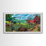 Green Tractor and Red Barn with Farm Animals, Vibrant Rural Art, Framed Canvas Print, Country Wall Decor, Living Room Decoration