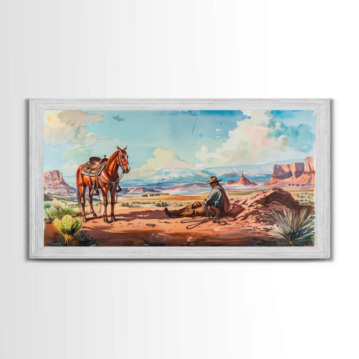 Cowboy Resting with Horse in Desert Landscape, Classic Western Art, Framed Canvas Print, Rustic Wall Decor, Living Room Decoration