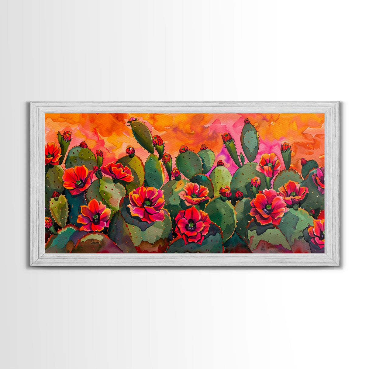 Lush desert landscape with blooming cacti at sunset, Framed Canvas Print, ideal for minimalist living room, wall art decor