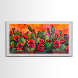Lush desert landscape with blooming cacti at sunset, Framed Canvas Print, ideal for minimalist living room, wall art decor