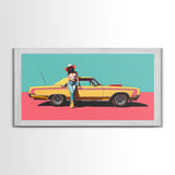 Bold Cowgirl Posing with Yellow Car, Pop Art Framed Canvas Print for Living Room, Ideal Bedroom Wall Art, Unique Home Decor