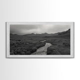 River and Rolling Hills Under Cloudy Sky, Black and White Framed Canvas Print Rustic Farmhouse Living Room Decor, Landscape Art, Home Decor