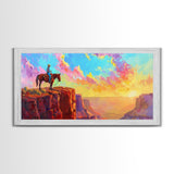 Cowboy on Horse Under Vibrant Sky, Farmhouse Style Framed Canvas Print for Bedroom Wall Art, Rustic Home Decor, Western Scenic Art