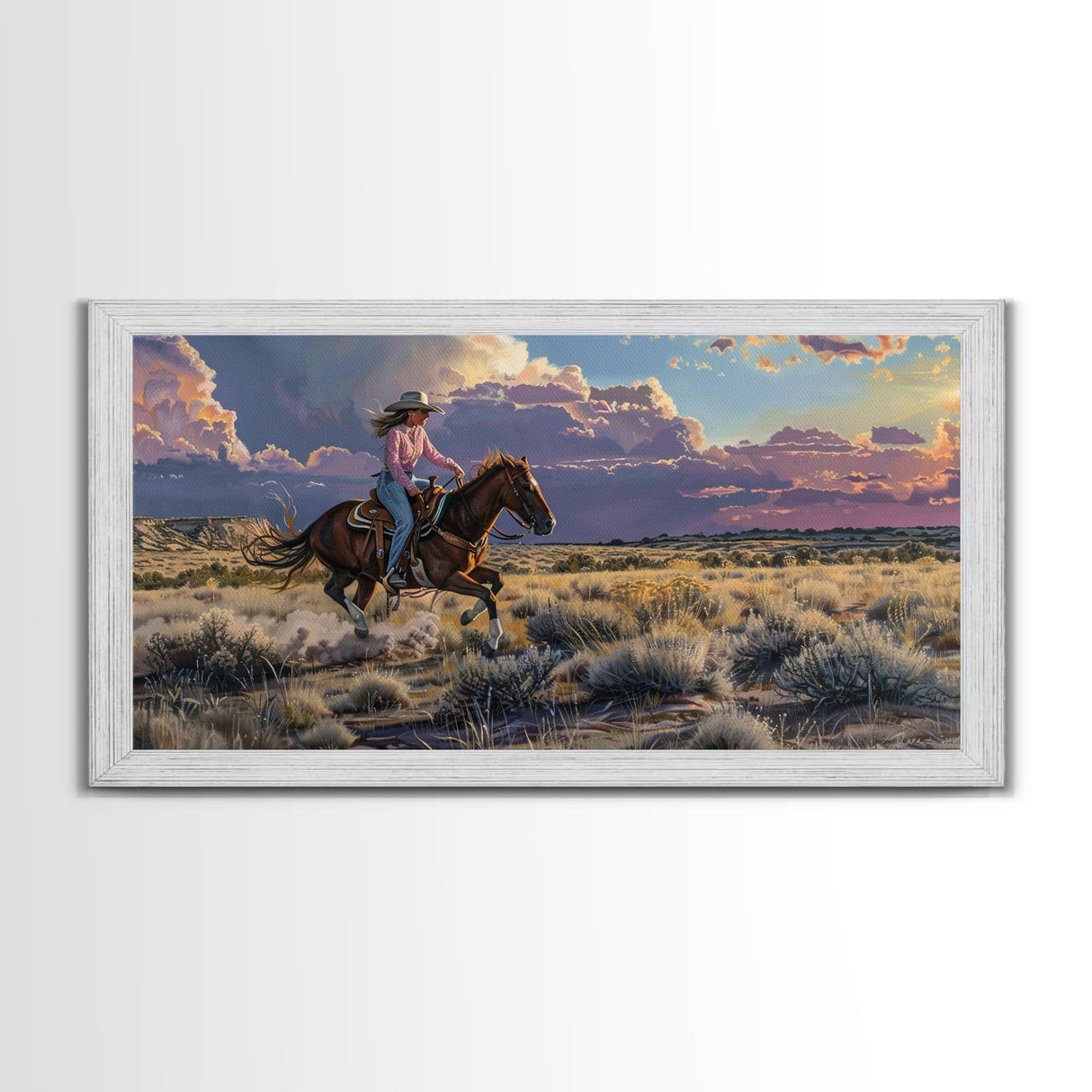 Cowgirl Galloping Across Desert Landscape, Vibrant Framed Canvas Print, Perfect for Living Room Art, Western Bedroom Decor, Desert Wall Art