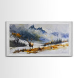 Majestic Elk in Snowy Mountain Scene, Beautiful Framed Canvas Print,for Living Room Art Rustic Bedroom Decor Nature Wall Art, Wildlife Scene