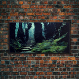 Fantasy Forest with Temple Steps, Wall Decor, Ready To Hang Framed Canvas Print, Oversize Wall Art