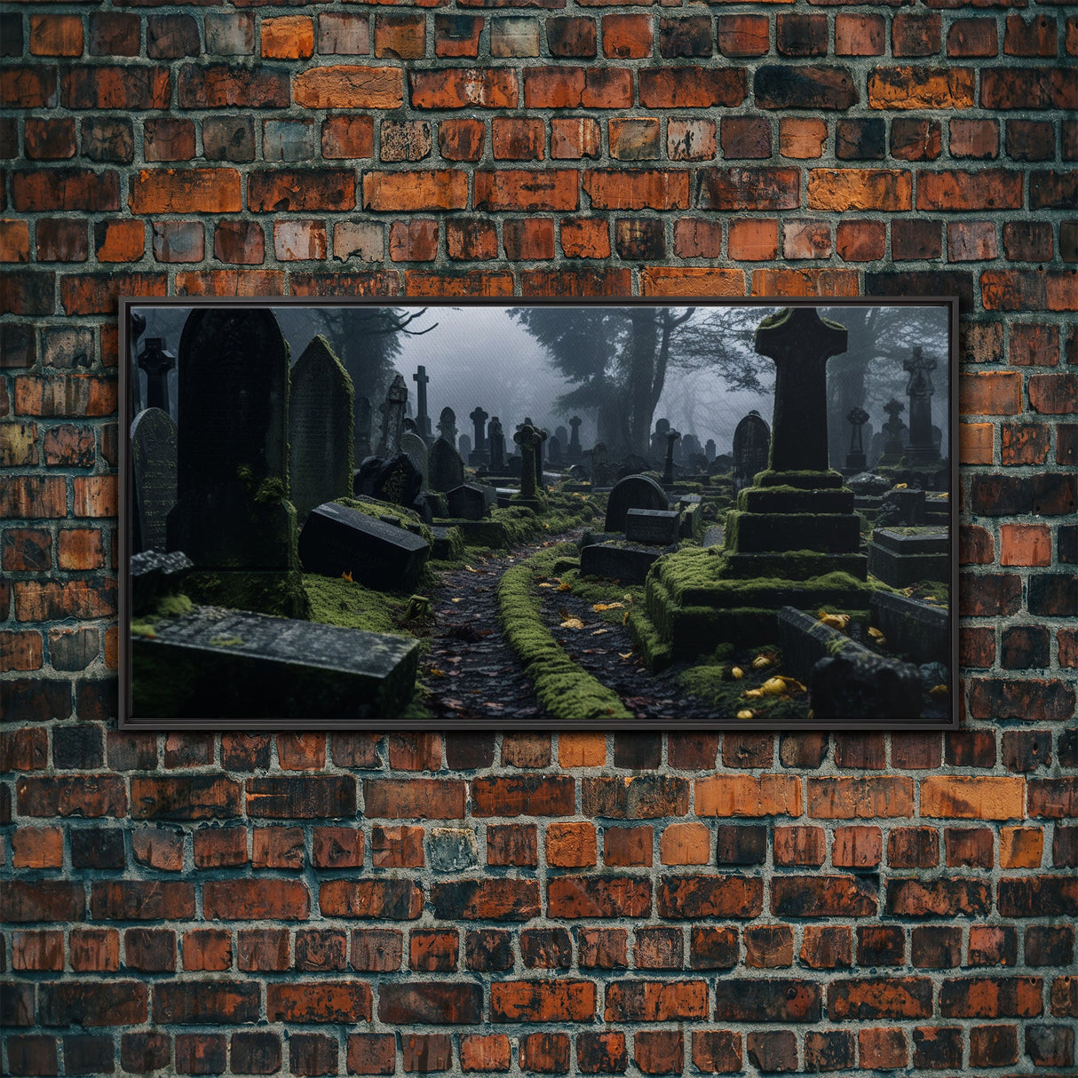 Moss Covered Cemetary, Haunted Graveyard Photography, Halloween Decor, Framed Canvas Print, Halloween Wall Art