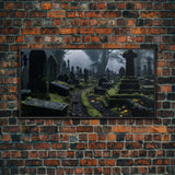 Moss Covered Cemetary, Haunted Graveyard Photography, Halloween Decor, Framed Canvas Print, Halloween Wall Art